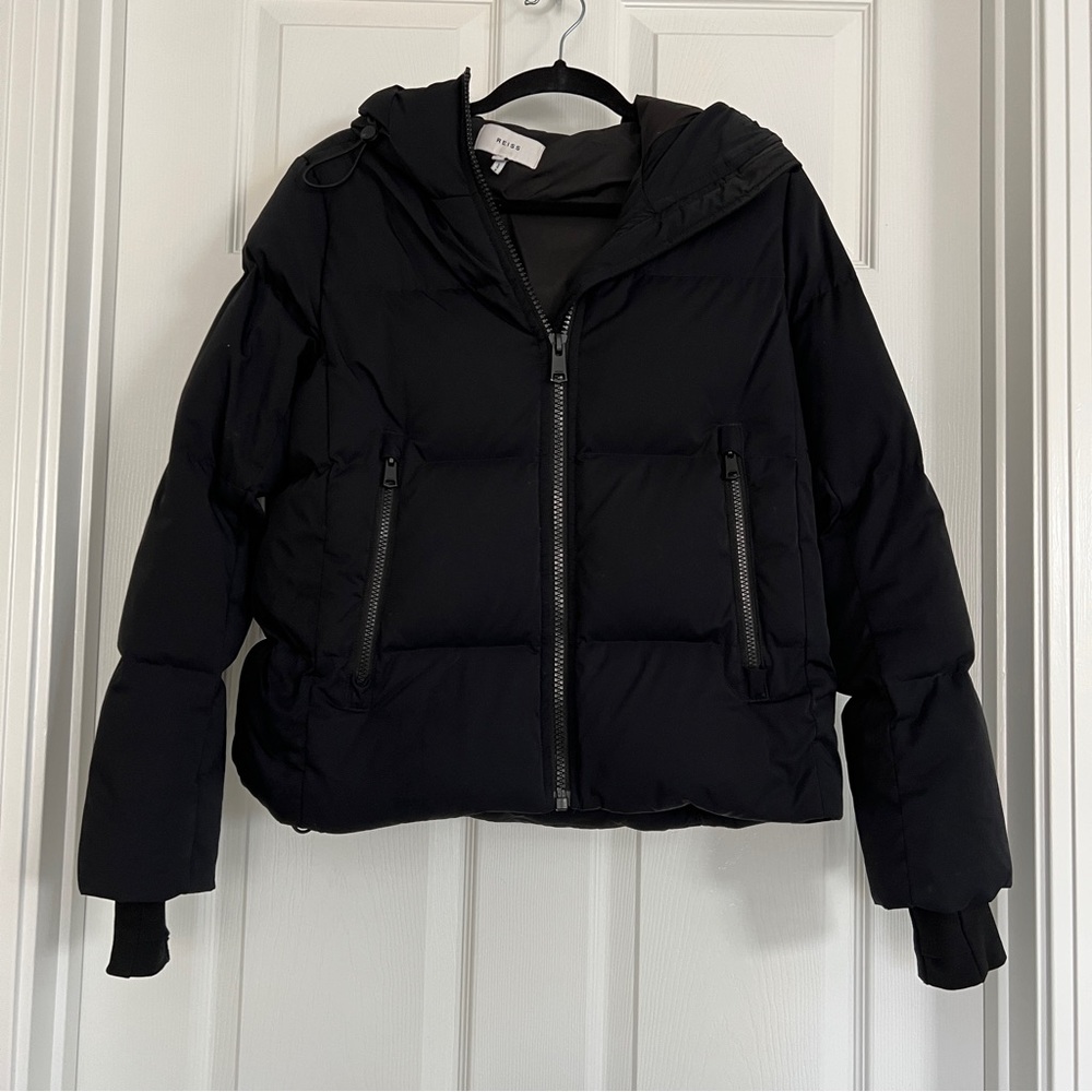 Reiss Arya Short Designer Black Puffer Jacket with Hood
